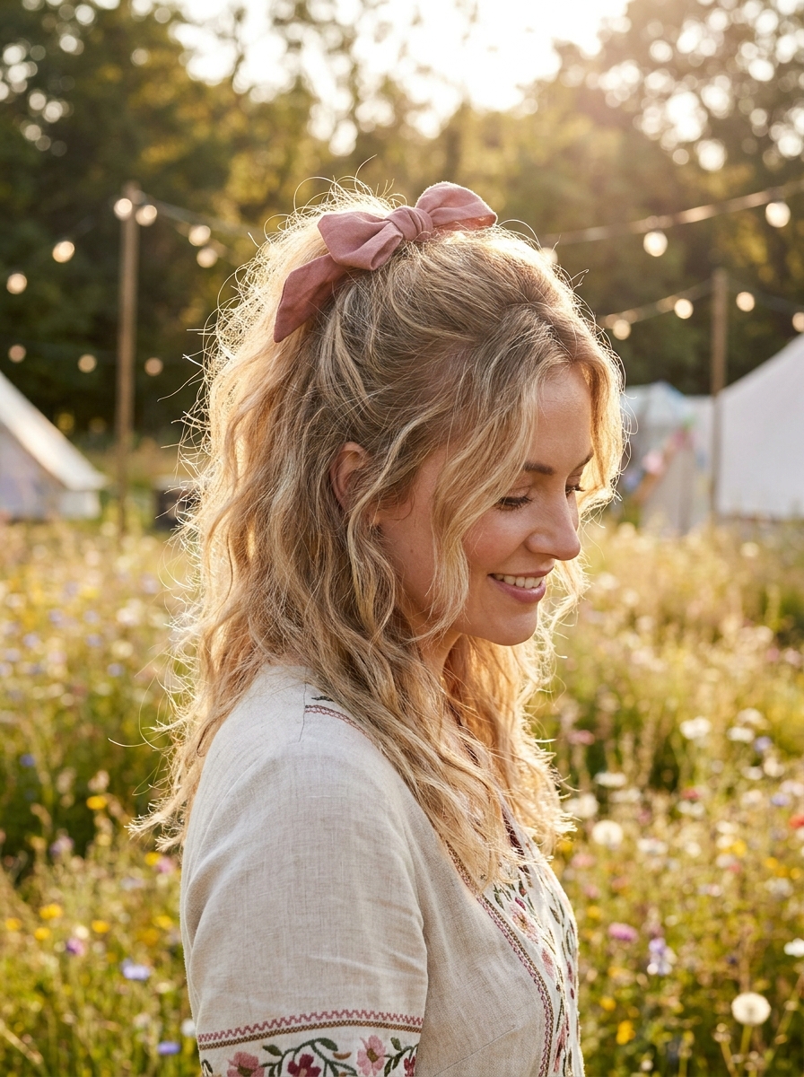 Half-Up mit Schleife und Wellen als Festival Frisuren Inspiration 2026